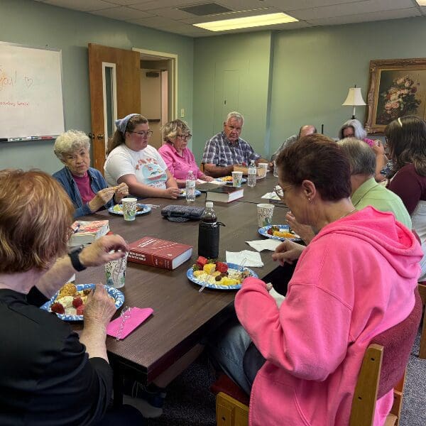 Group of seniors sharing meal around table